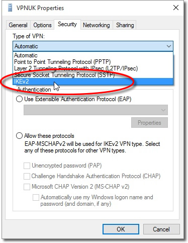 Select IKEv2 VPN type