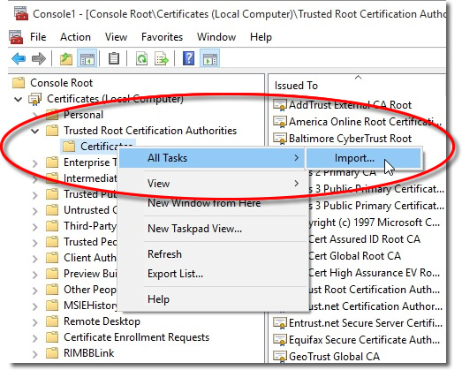 Import certificate menu